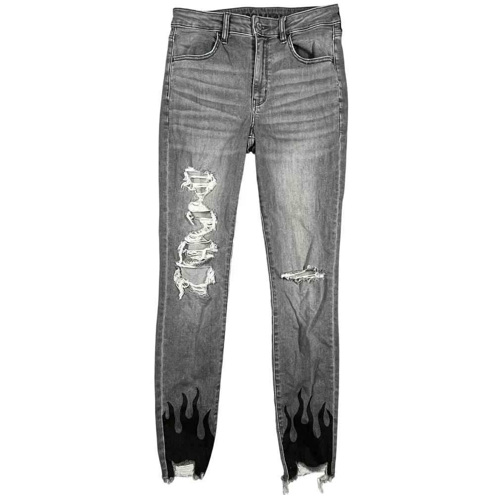 American Eagle Super Hi Rise Jegging Women's 8 Long Distressed Flame Hem Pockets - Picture 2 of 16